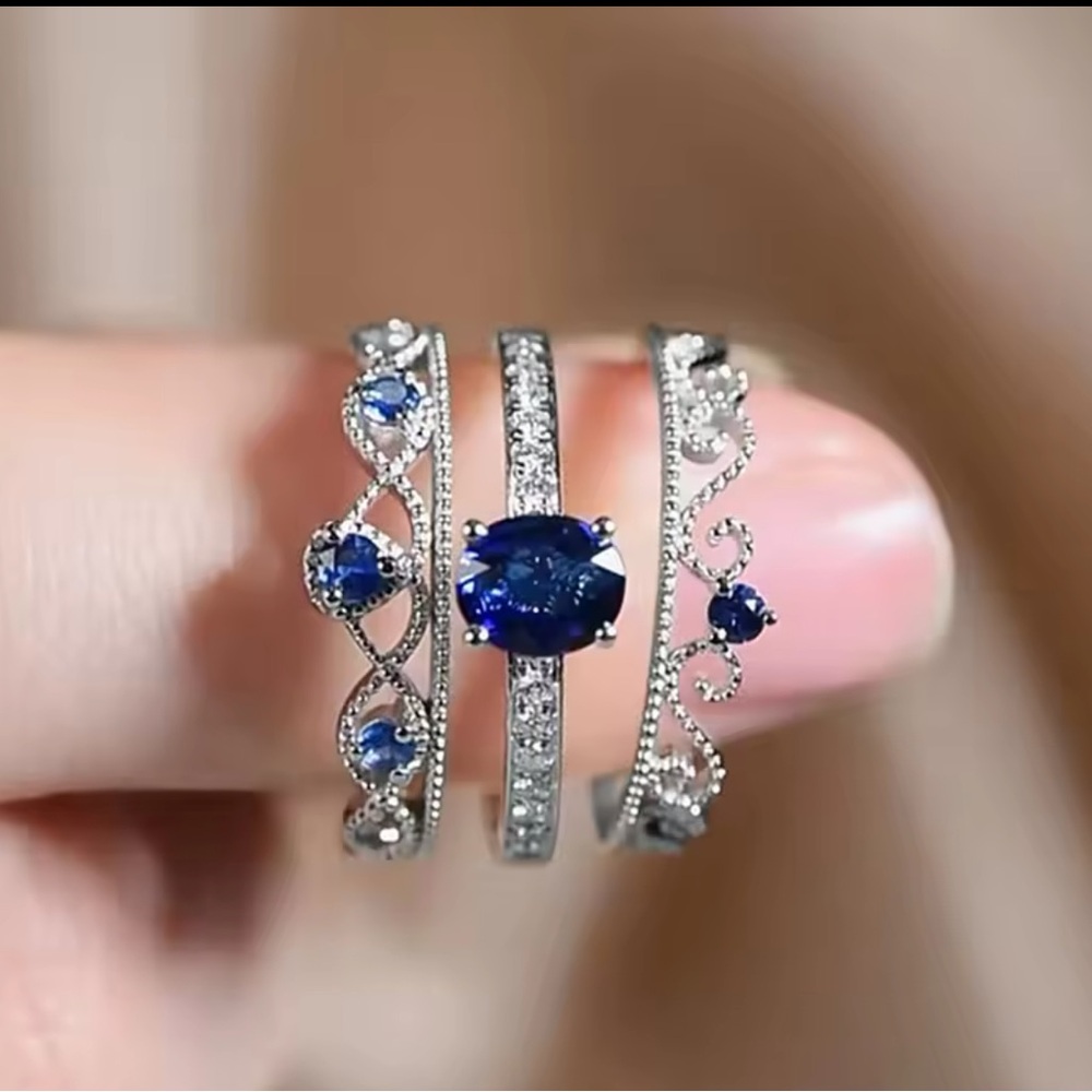 Unique Design 3Pcs Set Rings Women with Blue Cubic Zirconia